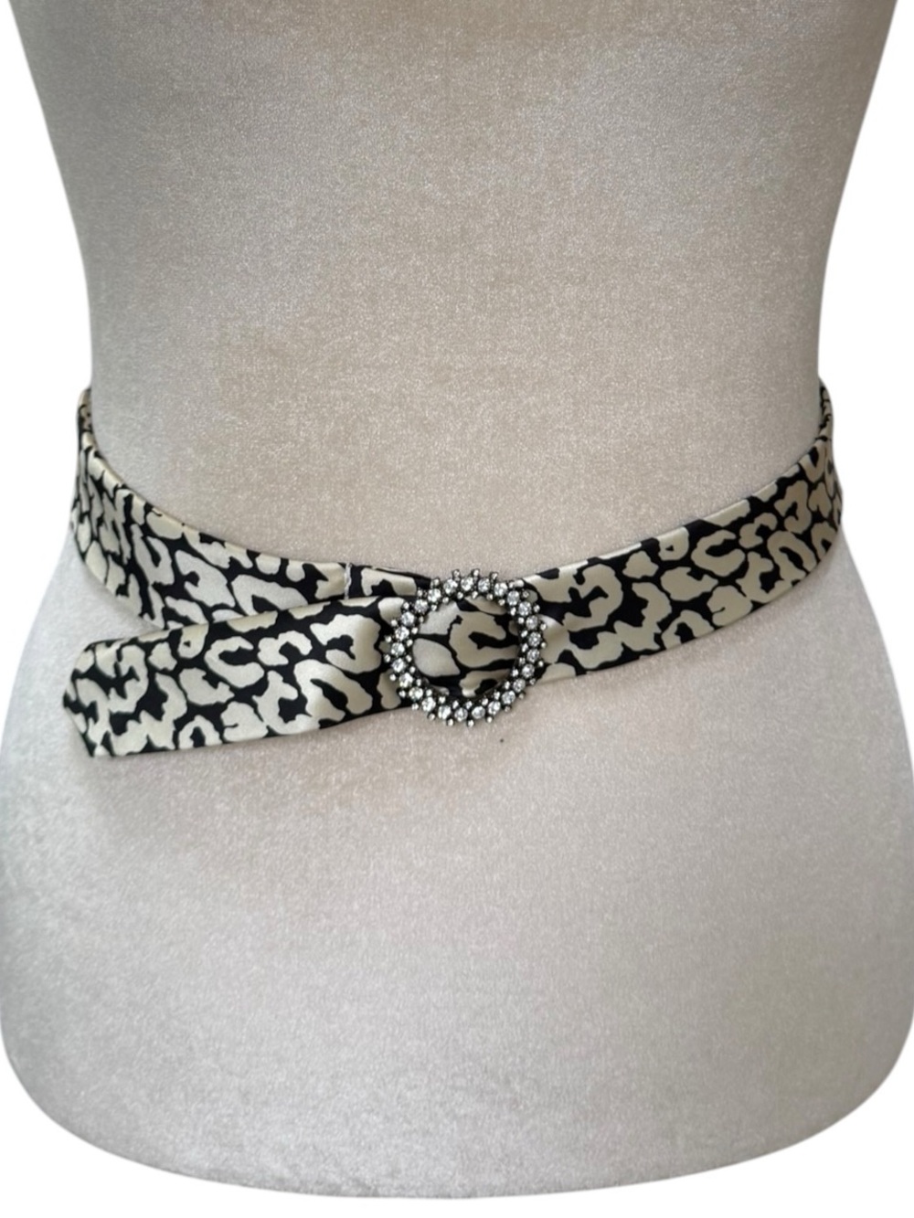 J. Crew Silk Animal Leopard Print Waist Belt Size S/M Rhinestone Buckle Cream